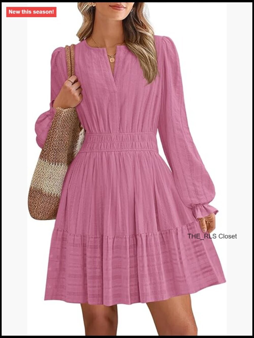 Long Sleeve V Neck A Line Mini Dress with Elastic Waist - Picture 1 of 7